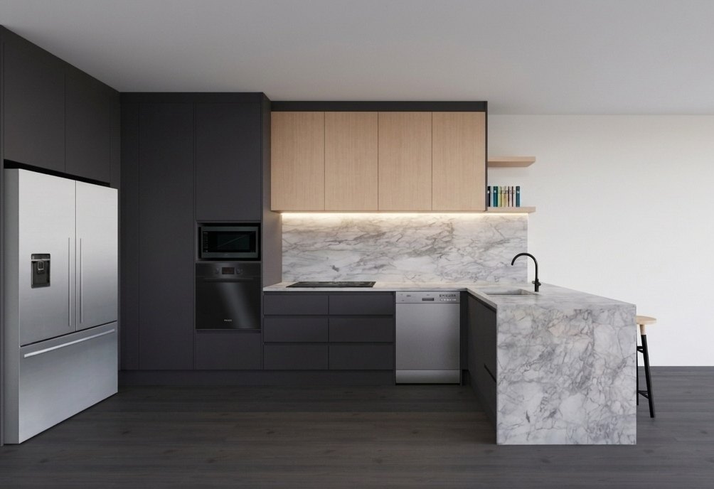 Design render: charcoal kitchen with oak overheads and marble waterfall peninsula