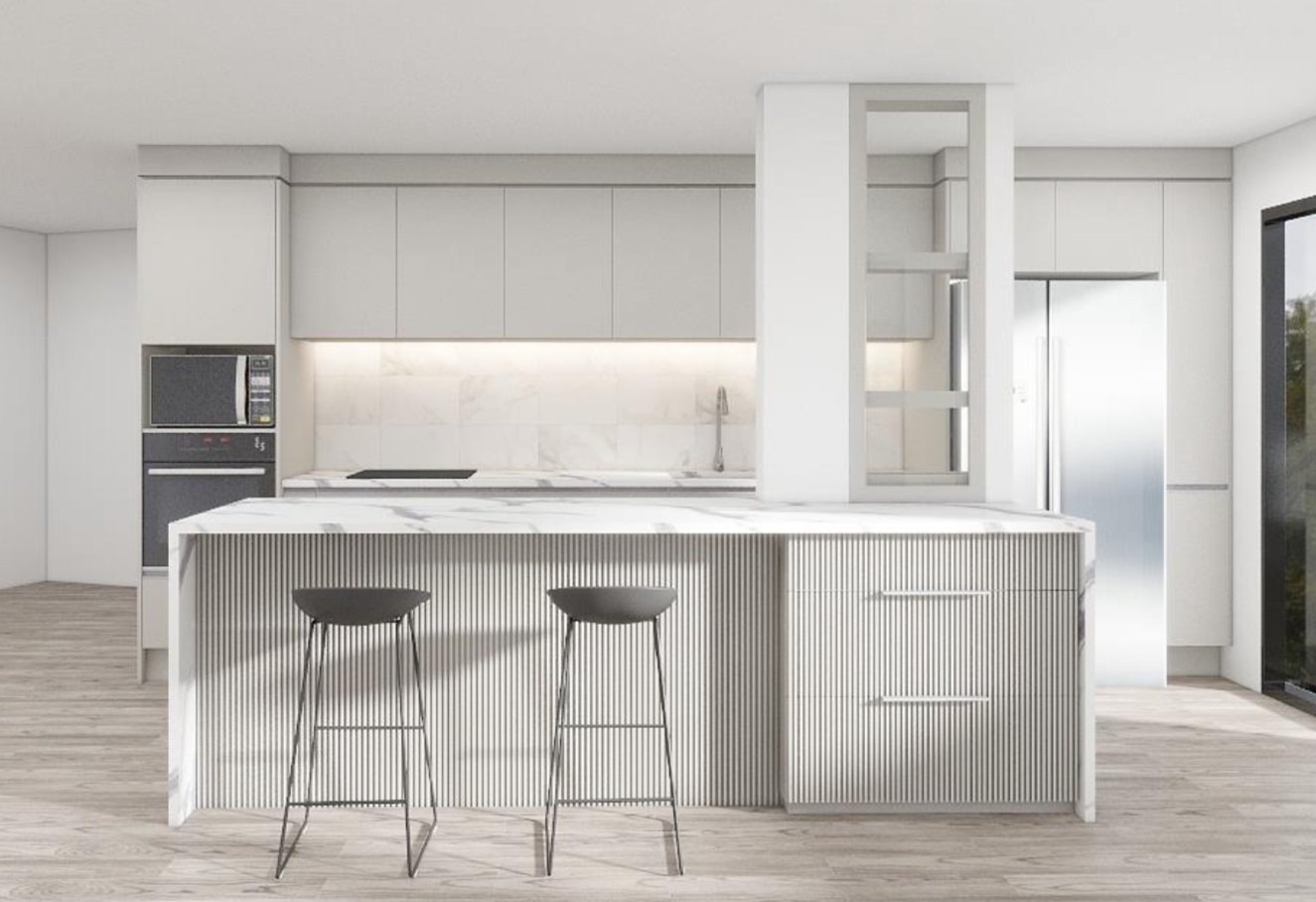 Design render: pale grey kitchen with fluted island and marble waterfall benchtop