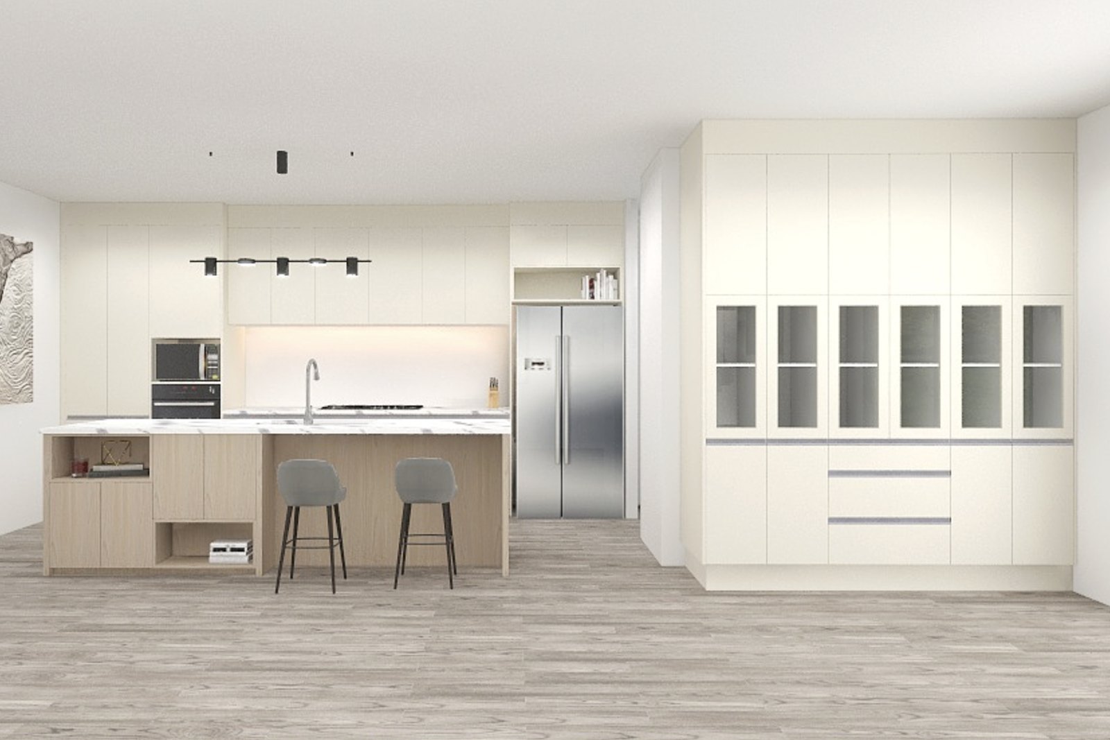 Design render: cream kitchen with timber island and full-height glass display cabinets